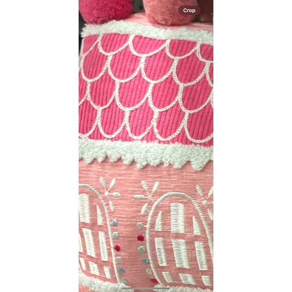 Pink Gingerbread House Pom Pom Pillow Whimsical Holiday Decor Cozy Accent Gift - Picture 3 of 3